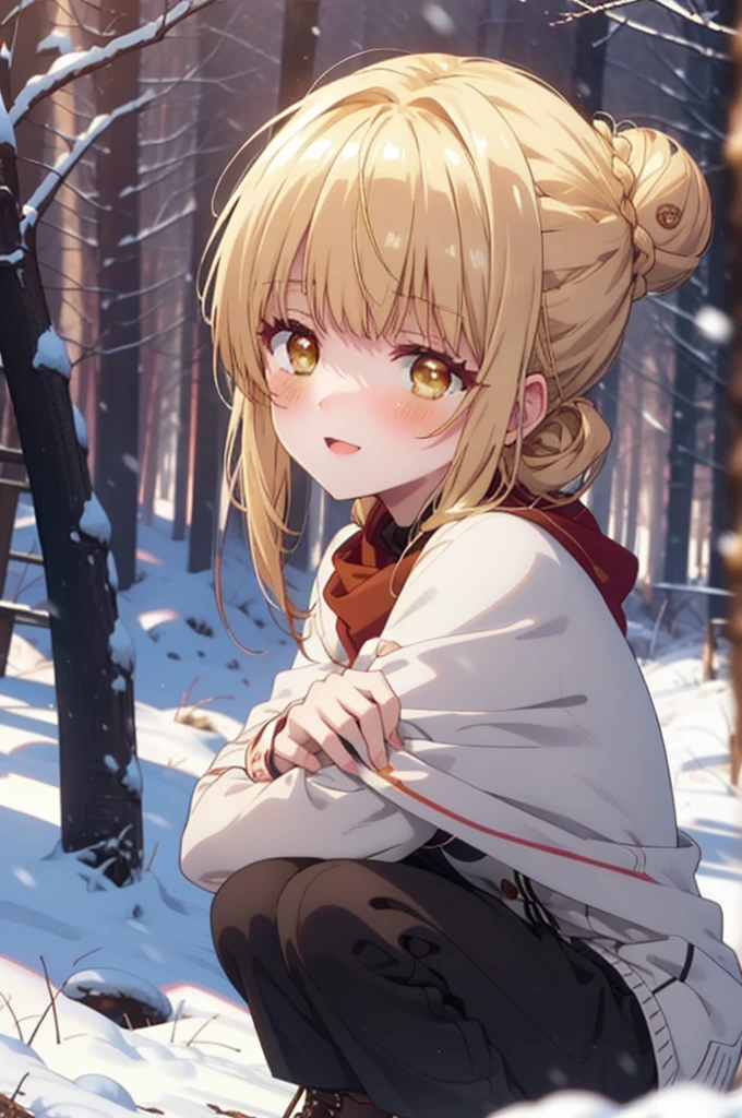 This is Mahirushiina, Mahiru Shiina, blonde, (Brown eyes:1.7), Long Hair, happy smile, smile, Open your mouth,Hair Bun, single Hair Bun,blush,White Breath,
Open your mouth,snow,Bonfire on the ground, Outdoor, boots, snowing, From the side, wood, suitcase, Cape, Blurred, Increase your meals, forest, White handbag, nature, Squat, Mouth closed, フードed Cape, winter, Written boundary depth, Black shoes, red Cape break looking at viewer, Upper Body, whole body, break Outdoor, forest, nature, break (masterpiece:1.2), Highest quality, High resolution, unity 8k wallpaper, (shape:0.8), (Beautiful and beautiful eyes:1.6), Highly detailed face, Perfect lighting, Extremely detailed CG, (Perfect hands, Perfect Anatomy),