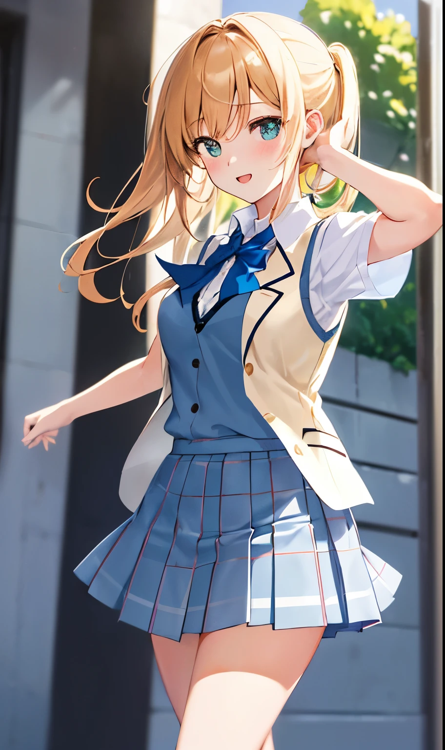 High resolution, high quality anime style illustrations,
In front of the school building, a woman (very beautiful, high school girl, wearing a uniform (white short-sleeved blouse, cream-white vest, dark blue checked skirt)).