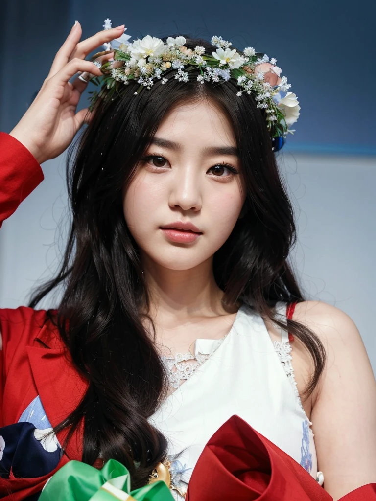 araffe girl with a wreath of flowers on her head, bae suzy, beautiful south korean woman, jaeyeon nam, pale korean adorable face, jinyoung shin, korean girl, female korean idol portrait, Lee Ji Eun, Lee Ji Eun, Beautiful young Korean woman, Gaeul, IVE, Gaeul de IVE, queen, disney, Elsa the Frozen, Frozen, Blue,