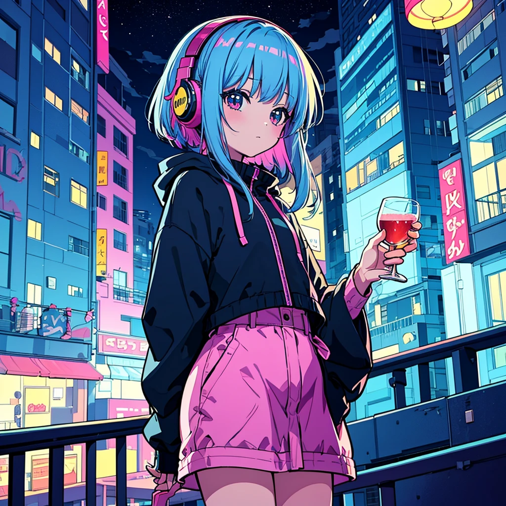 Ultra Wide Angle, Girl drinking alcohol while listening to jazz music on headphones, Watching the night sky from the balcony, alone, Lofty Girl, Lo-fi art style, Lofty Girl aesthetic, By Ghailan, Anime Aesthetics, relaxed mood, Lo-fi illustration style