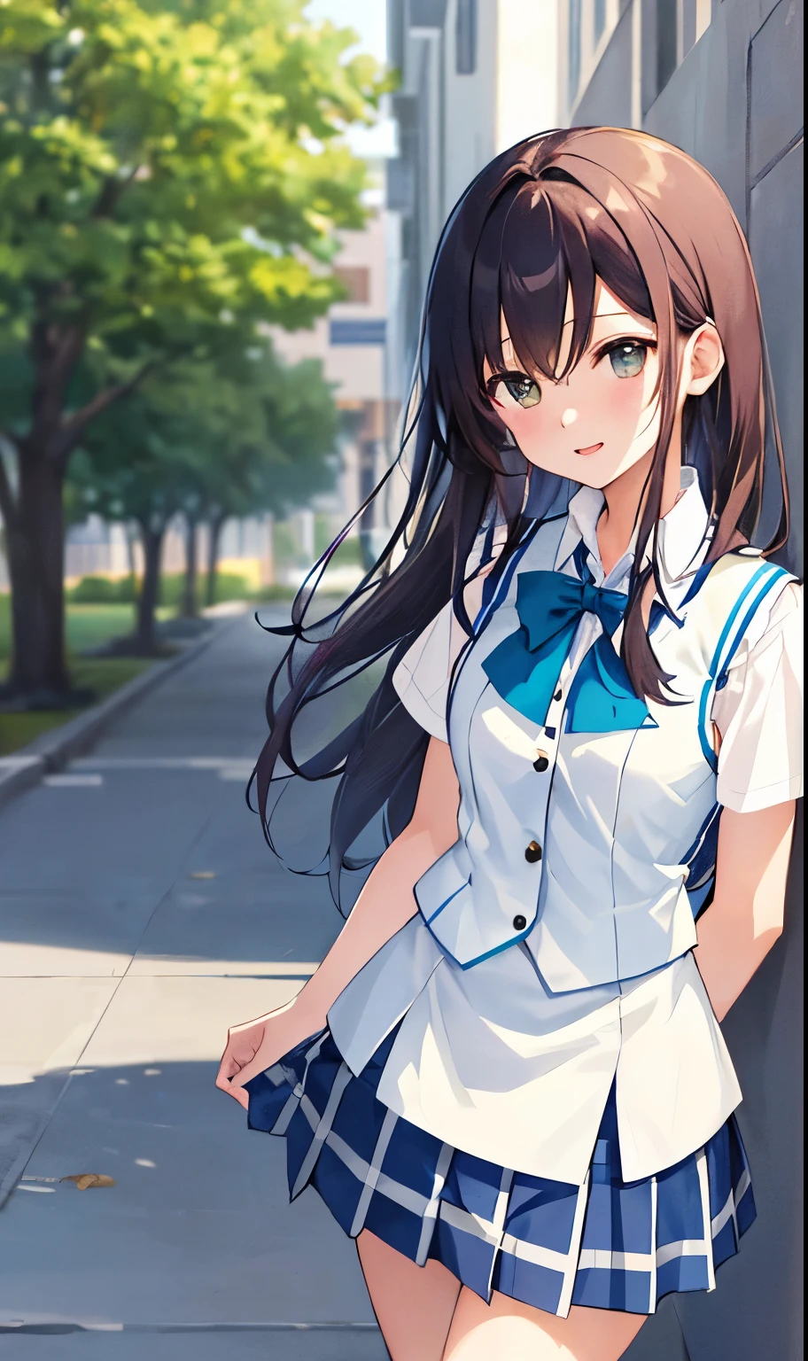 High resolution, high quality anime style illustrations,
In front of the school building, a woman (very beautiful, high school girl, wearing a uniform (white short-sleeved blouse, cream-white vest, dark blue checked skirt)).