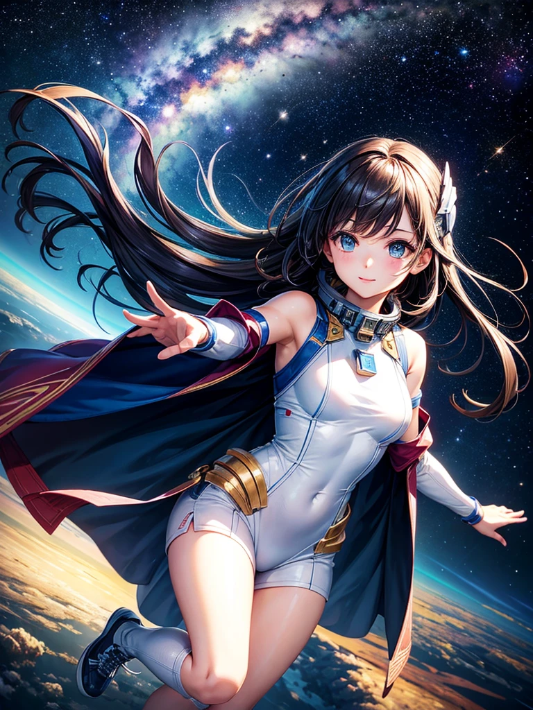 Highest quality,Highest Resolution,A beautiful girl from the future flying in space,Earth in the background,Milky Way,