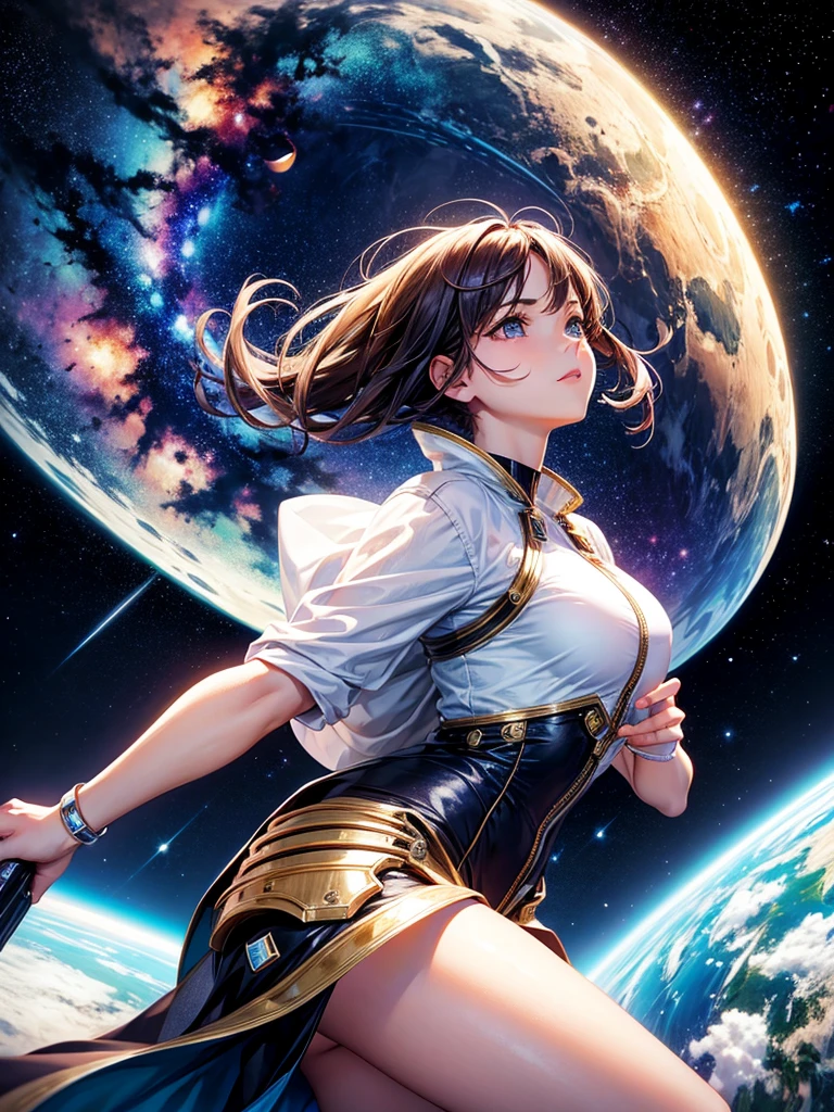 Highest quality,Highest Resolution,A beautiful girl from the future flying in space,Earth in the background,Milky Way,