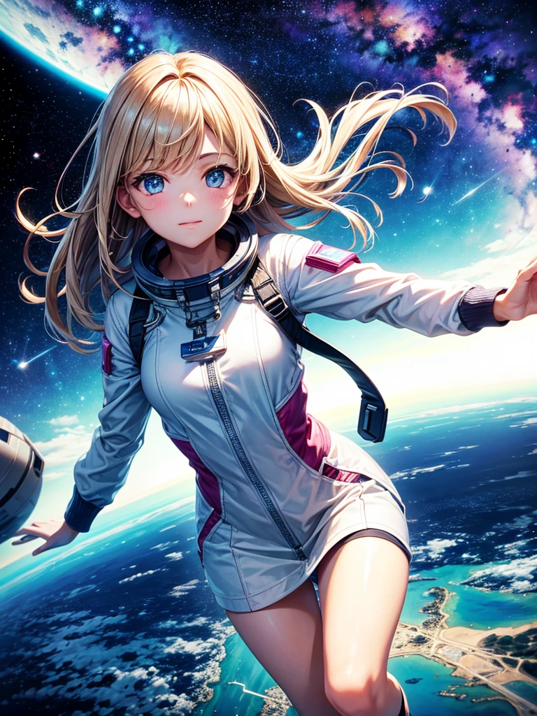 Highest quality,Highest Resolution,A beautiful girl from the future flying in space,Earth in the background,Milky Way,