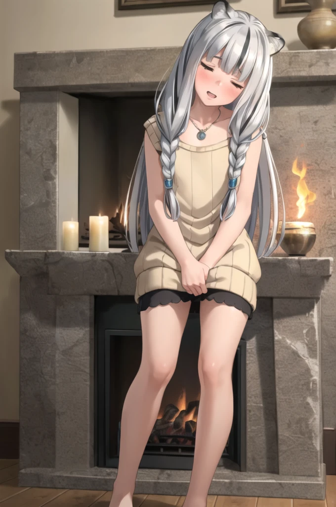((masterpiece)), (best quality), (ultra-detailed), photorealistic, (best illustration), ((an extremely delicate and beautiful)), 1girl, solo, long hair, tiger ears, white hair, two-tone hair, facing viewer, sweater, ribbed sweater, barefoot, one leg standing, split, holding one leg, closed eyes, short sleeves, indoors, low twin braids, twin braids, hair ornament, blush, head tilt, fireplace, fire, upper teeth, flat chest, young, aged down, happy, collarbone, necklace, Yandere