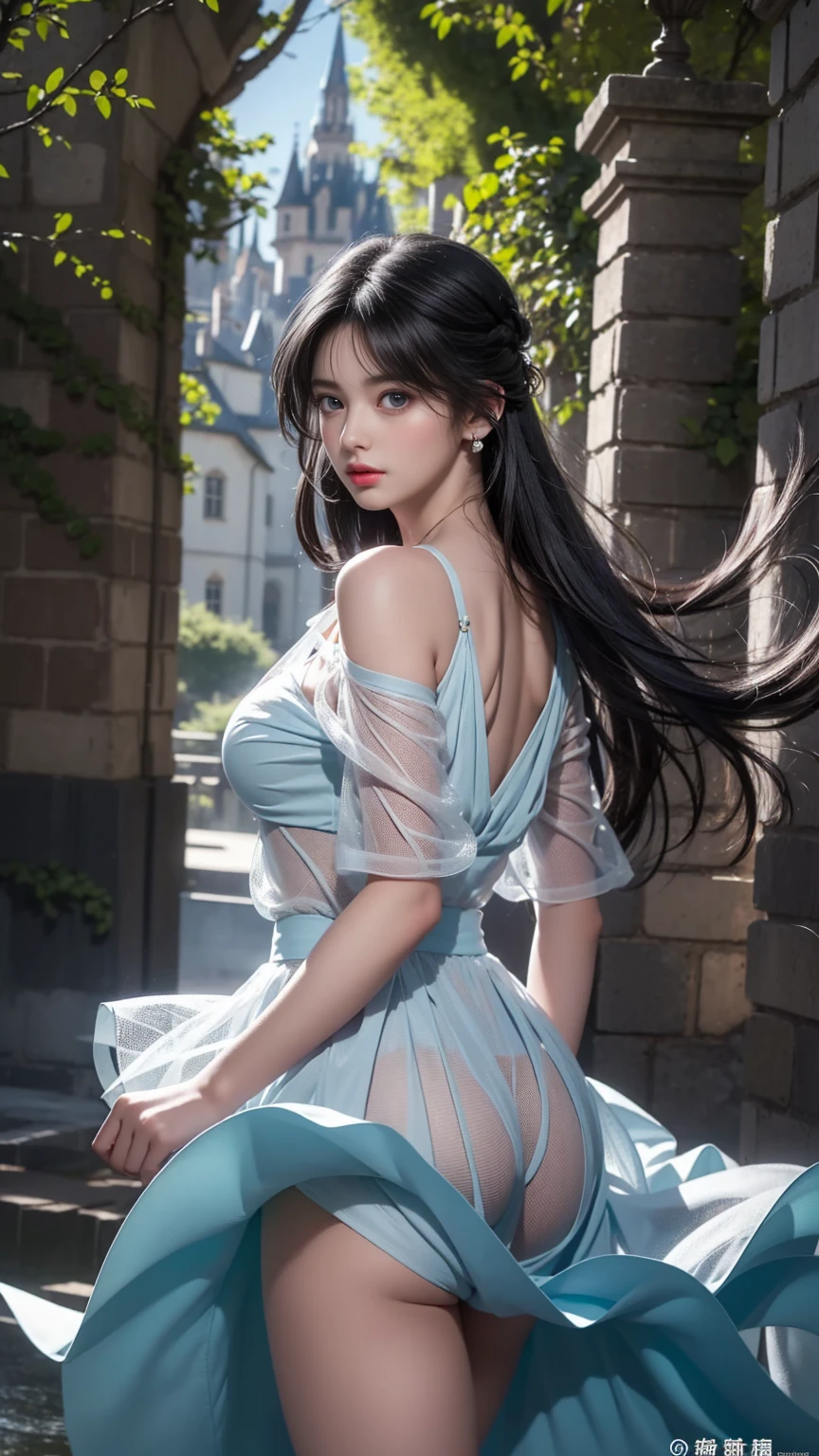 ((Girl standing in front of the wall of an old castle))、Double whirlwind pattern design clothing，Heterochromatic pupil，Silver Haired Girl，Free high resolution,Off the shoulder、Off the shoulderの半透明純白ドレス蛍光色、1 Girl、Look to the side、Beautiful Face、Beautiful Eyes、（Off the shoulder：1.2）、Upper Body、Shiny Hair、Glowing Skin、 Reduce glare、Adjusted finger proportions、escrow、ass pov、Dynamic Angle、(((Master Parts)))、(((Highest quality)))、(((Super-detailed))) detailed）、（An illustration）、（detailedな光）、（Very delicate and beautiful）、dramatic_Shadow、Ray_Tracking、reflection、 Ultra-high resolution、((Colorful and black hair mesh girls))、 Her hair flutters in the wind、(big deep blue eyes)、Black-haired woman、 Sparkling butterfly、Black-haired woman、Points of light around the woman、Magical Aura、Green dot、About Auras Nature、超Magical AuraBlack-haired woman,((Off the shoulderの半透明の白いドレス:1.3))、(Sleeveless)、((My skirt is flying up in the wind)),((An old European castle looms in the distance)),((White panties are visible)),