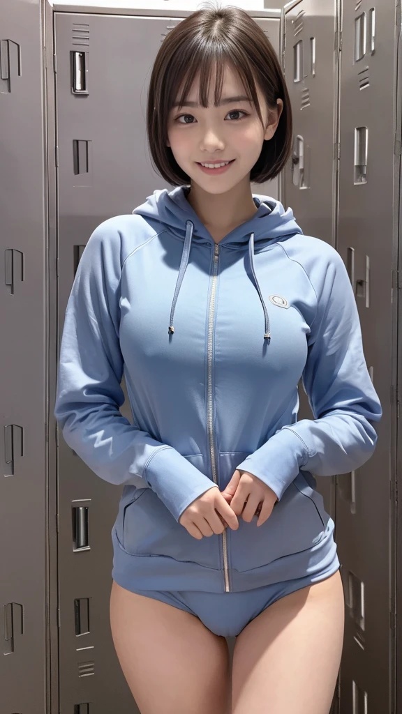 18 years old, Cute type, Young face, Big round eyes, Troubled face, Japanese Girls , (smile:1.2), Gym suit, (Blue long sleeve hoodie), Food , (nude), Thin thighs,Thin waist, Thin thighs, Thin legs, Long legs, Very short hair , Short Bob, slender body, (High color saturation:1.0), (Very detailedな肌), (highest quality:1.0), (Ultra-high resolution:1.0) ,(Realistic:1.0), (Very detailed:1.0), (8k, RAW Photos:1.1), ((locker room:1.3)),inverted nipples,