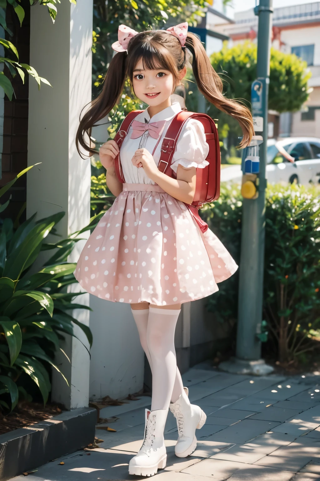 Masterpiece, hd, 1girl, realistic, brown hair, twintails, medium hair, hair ribbon, smile, wearing brown backpack, (backpack:1.2), pink dress, cute dress, bowtie, short sleeves, puffy sleeve, polkadot dress, outdoor, standing, fullbody, (fullbody:1.2), wear white pantyhose, white stockings, white heeled boots, (boots:1.2)