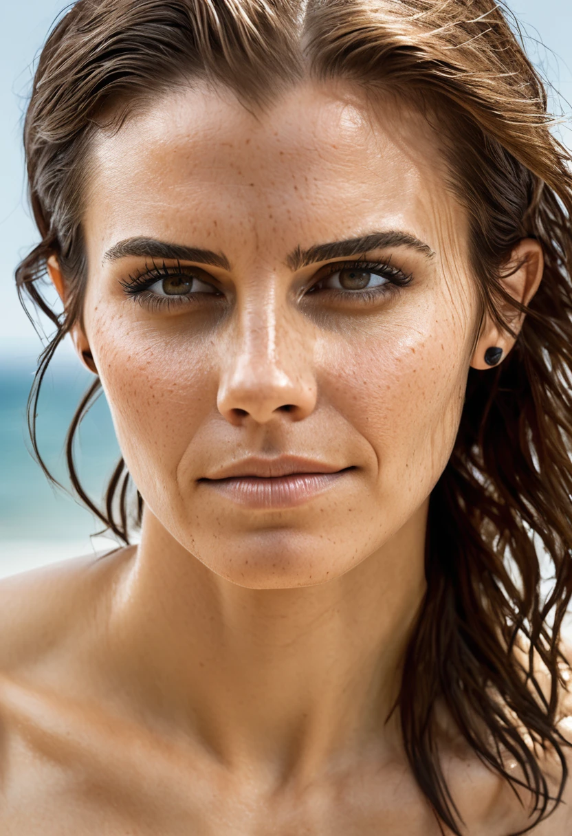high quality celebrity Erotic photograph , ( lauren_cohan , emma watson, oily face, sensual detailed ultra realistic skin texture ) celebrity erotic photograph , nude, extremely long hair ,tall figure , erotic photoshoot , fit muscular figure , exhausted look, sunny, shiny sweaty skin, on vacation side , celebrity, female, woman, hollywood actress, fleshy muscular woman , ( natural lights, depth of field, insanely detailed skin texture, hyper detailed features )