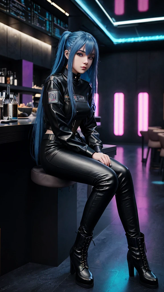 Teenage girl, long blue hair, cyberpunk style long sleeve shirt, cyberpunk style leather pants, black boots, sitting at a table in a futuristic restaurant, background of a young man sitting at a straight table. teenage girl face,3D,18k,full body, ultra fine details.