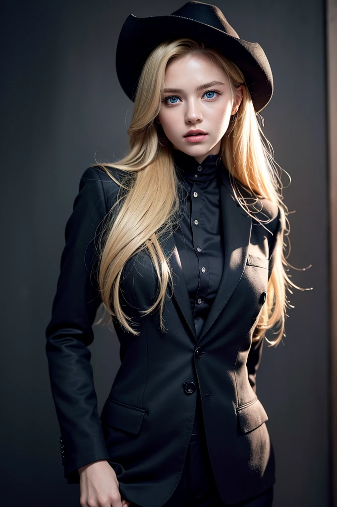 Best quality, masterpiece, ultra high res, (photorealistic:1.4), raw photo, 1girl, blonde hair, blue eyes,  detailed eyes and face, black suit, dynamic lighting, in the dark, deep shadow, low key, cowboy shot full-lenght body