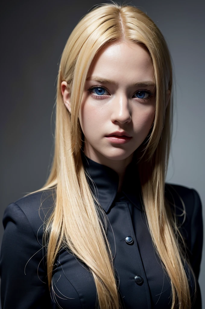 Best quality, masterpiece, ultra high res, (photorealistic:1.4), raw photo, 1girl, blonde hair, blue eyes, detailed eyes and face, black suit, dynamic lighting, in the dark, deep shadow, low key, cowboy shot full-lenght body