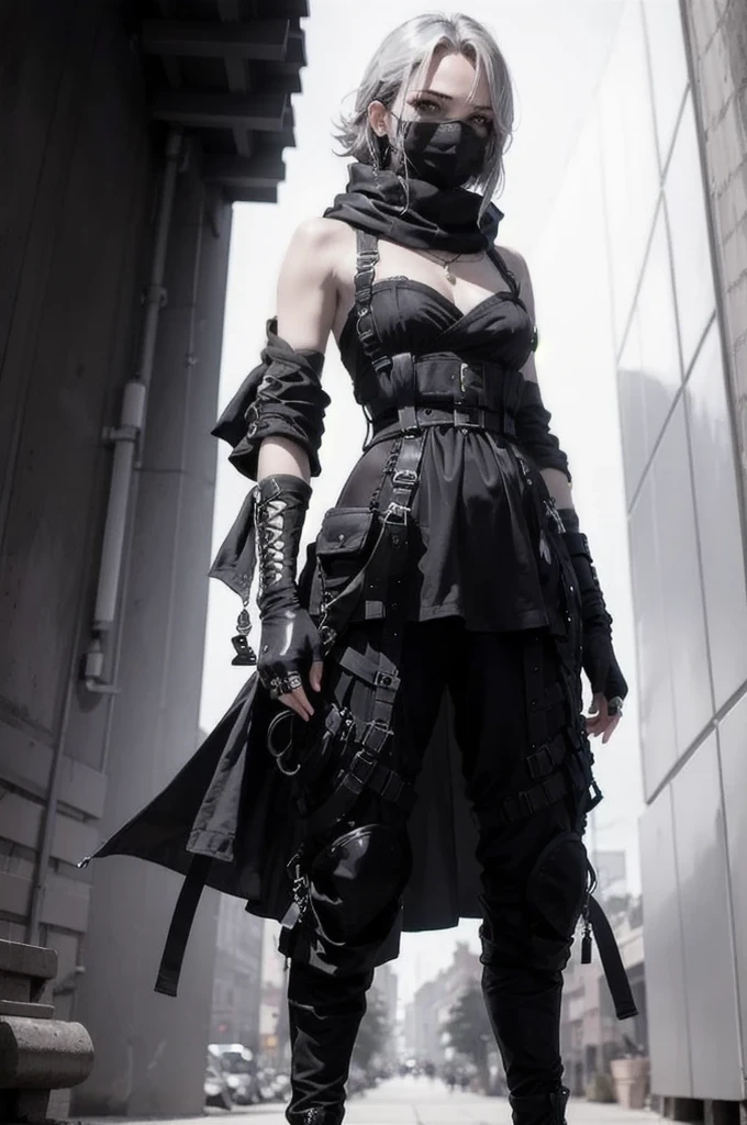 (Absurd, High resolution, Super detailed), masterpiece, Highest quality, 1 person, Bright red outfit, has two swords, Gray Hair, scarf, From below, Girls Shots,1 personの女の子, Standing pose, whole body, compensate, mascara, Soft lips、Or colored, clean, Sharp Project, Fluid silhouette, Geometric, Elegant and luxurious materials and design, Minimal accessories, Silver or gold necklaces and thin rings, Differentiated Design, High Quality Materials, Fresh, High Fashion,