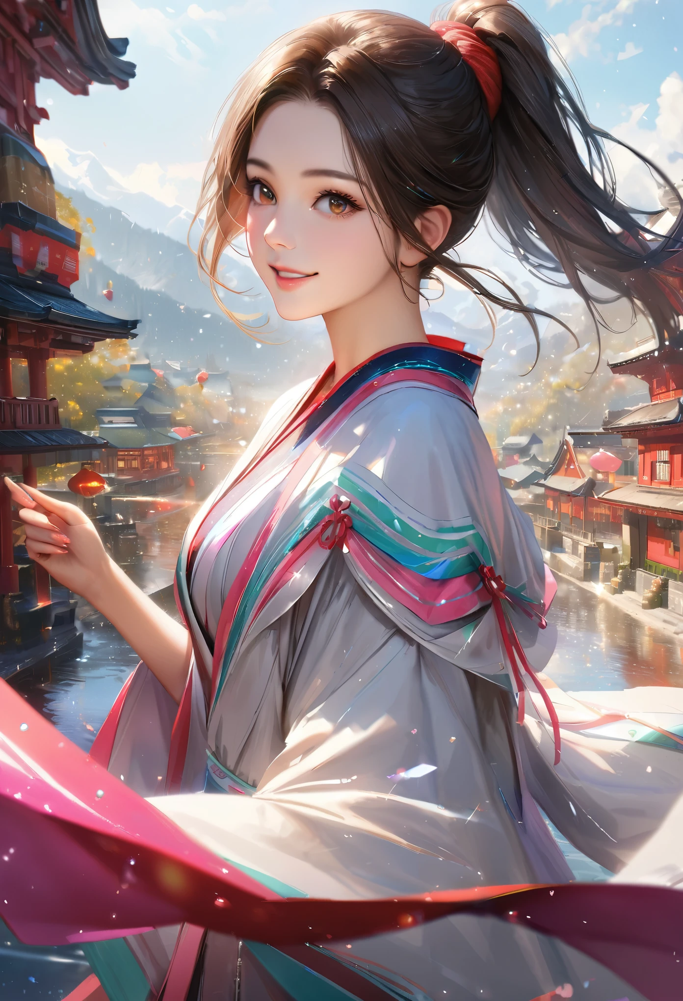 Domestic, Clear sky with white clouds, Shrine maiden, Blur the background,young woman,ponytail,smile,Glitter effect,Highest quality, 8K, High resolution, masterpiece:1.2, Very detailed, Realistic:1.37, High resolution, 超High resolution, Ultra-fine painting, Very detailed, Professional, Vibrant colors