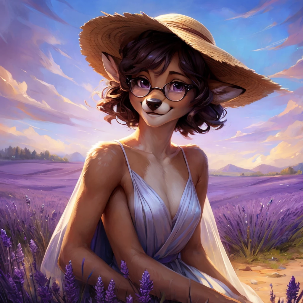 uploaded on e621, by Pixelsketcher, by Bayard Wu, by Thomas Benjamin Kennington , by Einshelm, by hioshiru and kenket, Chunie, portrait, solo anthro female deer doe, with small featureless breasts, clear dark blue, cinematic lighting, day, sunny day, lavender field, stays in a lavender field, lavender field background, mediterranean background, horizon background, shiny, short curly dark brown hair, wears big black nerd glasses, very very beautiful furry art, furry art, smiling, joyful, shiny, happy, feminine, cute face, muzzle, fluffy chest, flawless face, Fallow deer, 1girl, Sakimichan is beautiful, Masterpiece, Wavethesallow Face, shiny, Detailed image, portrait, Detailed image, portrait, full body, wearing pure white and wide spaghetti straps dress, wearing big and wide beige summer straw hat, shiny, realistic face, perfect anatomy, hourglass body, (furry body:1.1), anthropomorphic deer, looks at the viewer, small fluffy tail, detailed background, (cute anatomy:1.1), stands in a lavender field
