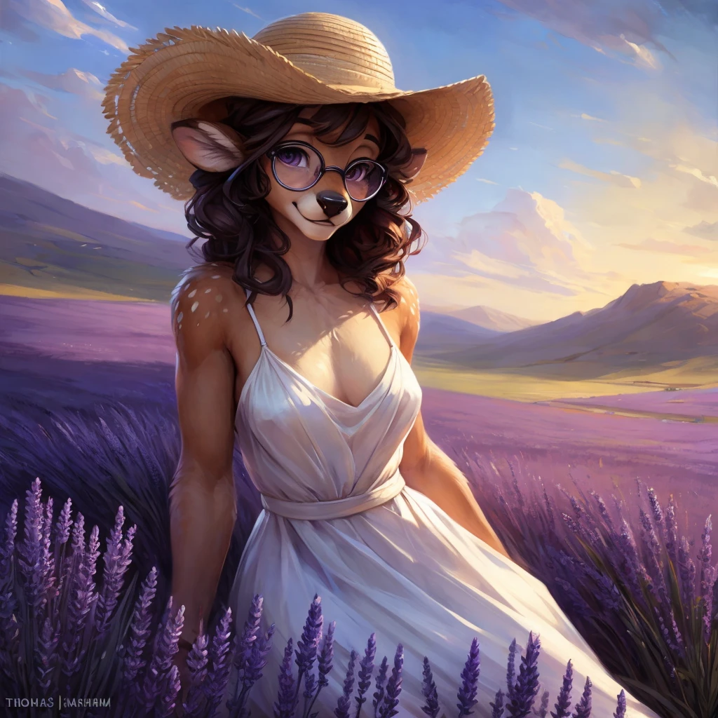 uploaded on e621, by Pixelsketcher, by Bayard Wu, by Thomas Benjamin Kennington , by Einshelm, by hioshiru and kenket, Chunie, portrait, solo anthro female deer doe, with small featureless breasts, clear dark blue, cinematic lighting, day, sunny day, lavender field, stays in a lavender field, lavender field background, mediterranean background, horizon background, shiny, short curly dark brown hair, wears big black nerd glasses, very very beautiful furry art, furry art, smiling, joyful, shiny, happy, feminine, cute face, muzzle, fluffy chest, flawless face, Fallow deer, 1girl, Sakimichan is beautiful, Masterpiece, Wavethesallow Face, shiny, Detailed image, portrait, Detailed image, portrait, full body, wearing pure white and wide spaghetti straps dress, wearing big and wide beige summer straw hat, shiny, realistic face, perfect anatomy, hourglass body, (furry body:1.1), anthropomorphic deer, looks at the viewer, small fluffy tail, detailed background, (cute anatomy:1.1), stands in a lavender field
