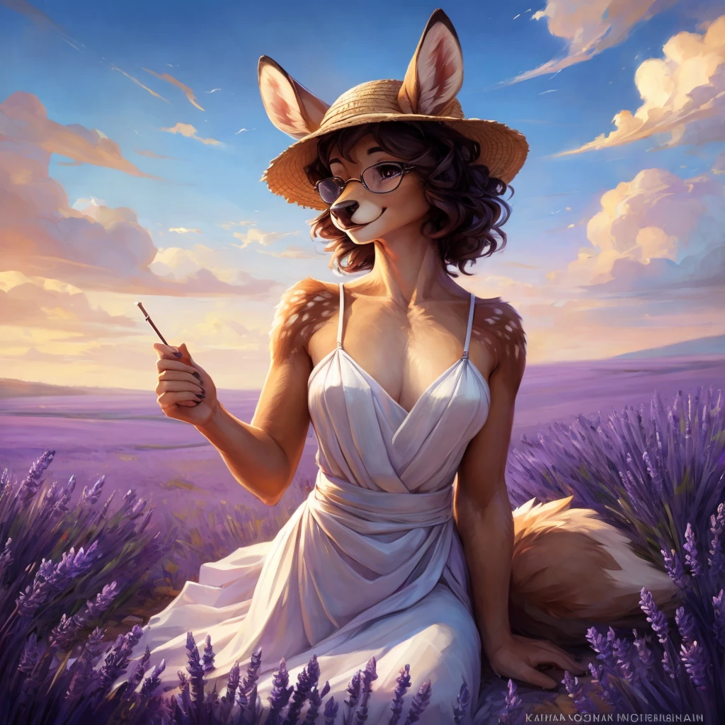 uploaded on e621, by Pixelsketcher, by Bayard Wu, by Thomas Benjamin Kennington , by Einshelm, by hioshiru and kenket, Chunie, portrait, solo anthro female deer doe, with small featureless breasts, clear dark blue, cinematic lighting, day, sunny day, lavender field, stays in a lavender field, lavender field background, mediterranean background, horizon background, shiny, short curly dark brown hair, wears big black nerd glasses, very very beautiful furry art, furry art, smiling, joyful, shiny, happy, feminine, cute face, muzzle, fluffy chest, flawless face, Fallow deer, 1girl, Sakimichan is beautiful, Masterpiece, Wavethesallow Face, shiny, Detailed image, portrait, Detailed image, portrait, full body, wearing pure white and wide spaghetti straps dress, wearing big and wide beige summer straw hat, shiny, realistic face, perfect ???????, hourglass body, (furry body:1.1), anthropomorphic deer, looks at the viewer, small fluffy tail, detailed background, (cute anatomy:1.1), stands in a lavender field
