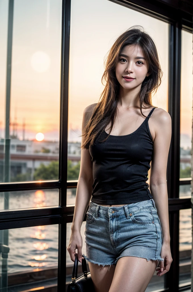 ulzzang-6500-v1.1, (RAW Photos:1.2), (Photorealistic), Beautiful detailed girl, (Genuine: 1.4), (masterpiece), 1 Girl, Photo Model, smile, Focus on the audience, Beautiful lighting, Highest quality, masterpiece, Ultra-high resolution, Realistic, Black Hair, Short tank top, Shorts, Ultra-realistic pantyhose、super Realistic stockings, Medium chest, White skin,( Sunset background:1.4), Walking、Full Body Shot:1.2