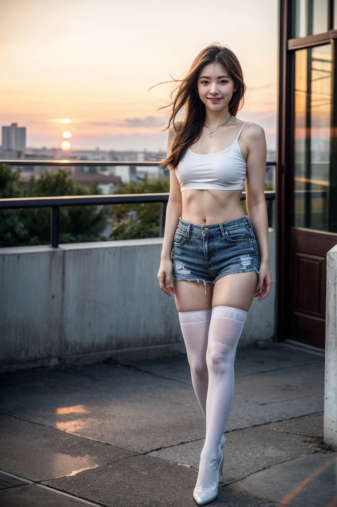 ulzzang-6500-v1.1, (RAW Photos:1.2), (Photorealistic), Beautiful detailed girl, (Genuine: 1.4), (masterpiece), 1 Girl, Photo Model, smile, Focus on the audience, Beautiful lighting, Highest quality, masterpiece, Ultra-high resolution, Realistic, Black Hair, Short tank top, Shorts, Ultra-realistic pantyhose、super Realistic stockings, Medium chest, White skin,( Sunset background:1.4), Walking、Full Body Shot:1.2