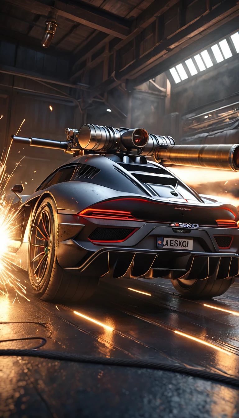 hyperrealistic, detailed, 8k, highly detailed, photorealistic, stunning, intricate, masterpiece, professional, Koenigsegg Jesko Absolut supercar, Gatling gun, mounted on both sides, real world environment, realistic environment, extreme detail, extreme realism, physically-based rendering, studio lighting, dramatic lighting, dramatic composition, dramatic angle, cinematic, dynamic pose, precision engineering, mechanical precision, metal textures, weathered metal, worn metal, glowing muzzles, spinning Gatling barrels, smoke, sparks, shell casings, detailed interior, dashboard, cockpit, carbon fiber, real-time ray tracing, volumetric lighting, realistic reflections, realistic shadows, realistic depth of field, realistic atmospheric effects
