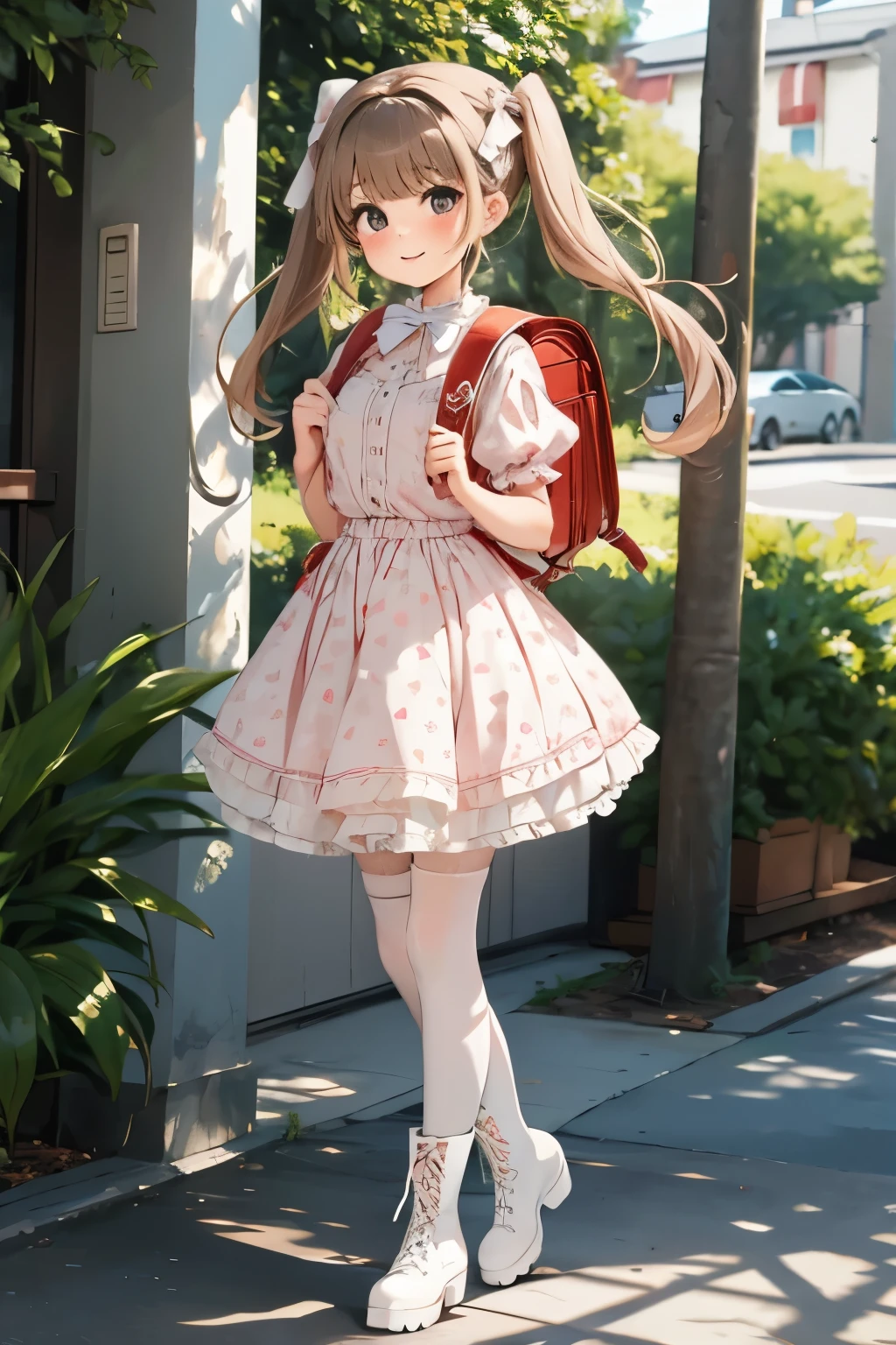 Masterpiece, hd, 1girl, brown hair, twintails, medium hair, hair ribbon, smile, wearing brown backpack, (backpack:1.2), pink dress, cute dress, bowtie, short sleeves, puffy sleeve, ****ta dress,polkadot, outdoor, standing, fullbody, (fullbody:1.2), wear white pantyhose, white stockings, white heeled boots, (boots:1.2)