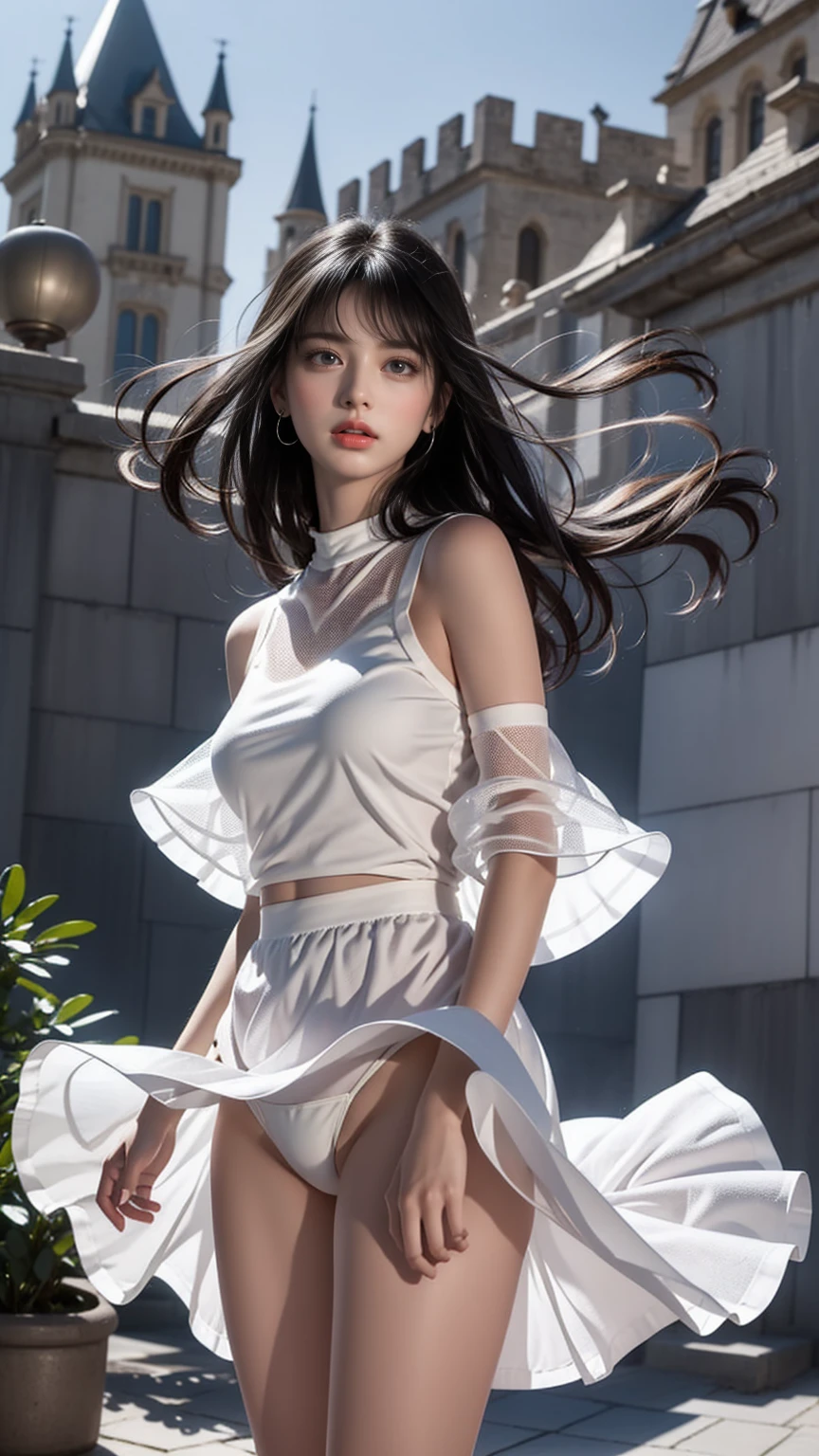 ((Girl standing in front of the wall of an old castle))、Fluorescent color、1 Girl、Look to the side、Beautiful Face、Beautiful Eyes、(Off the shoulder:1.2)、Upper Body、Shiny Hair、Glowing Skin、 Reduce glare、Adjusted finger proportions、escrow、ass pov、Dynamic Angle、(((Master Parts)))、(((Highest quality)))、(((Super-detailed))) detailed)、(An illustration)、(detailedな光)、(Very delicate and beautiful)、dramatic_Shadow、Ray_Tracking、reflection、 Ultra-high resolution、((Colorful and black hair mesh girls))、 Her hair flutters in the wind、(big deep blue eyes)、Black-haired woman、 Sparkling butterfly、Black-haired woman、Points of light around the woman、Magical Aura、Green dot、About Auras Nature、超Magical AuraBlack-haired woman,((Off the shoulderの半透明の白いドレス:1.3))、(Sleeveless)、((My skirt is flying up in the wind)),((An old European castle looms in the distance)),((White panties are visible)),