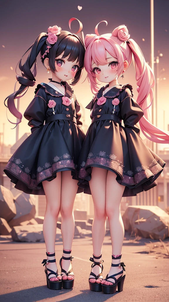 ((petite bishojo, 2girls)), ((kawaii face)), ((heart shaped eyes)), (masterpiece), (top quality), ((hyper detailed)), (exquisite), (beautiful and aesthetic), (super detailed skin), (high standard), (high resolution), (perfect anatomy), (full body), (nose blush), (short twintails), (ahoge), ((jirai kei, ground mine)), (earring), (lipstick)