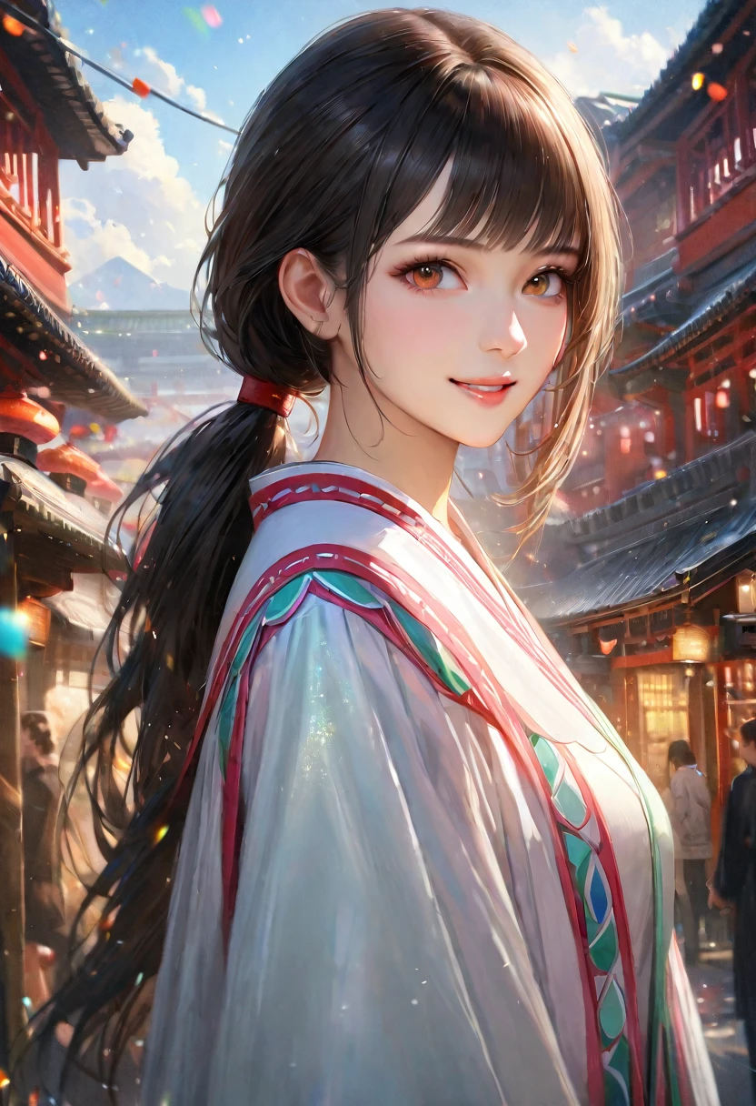 Domestic, Clear sky with white clouds, Shrine maiden, Blur the background,young woman,ponytail,smile,Glitter effect,Highest quality, 8K, High resolution, masterpiece:1.2, Very detailed, Realistic:1.37, High resolution, 超High resolution, Ultra-fine painting, Very detailed, Professional, Vibrant colors