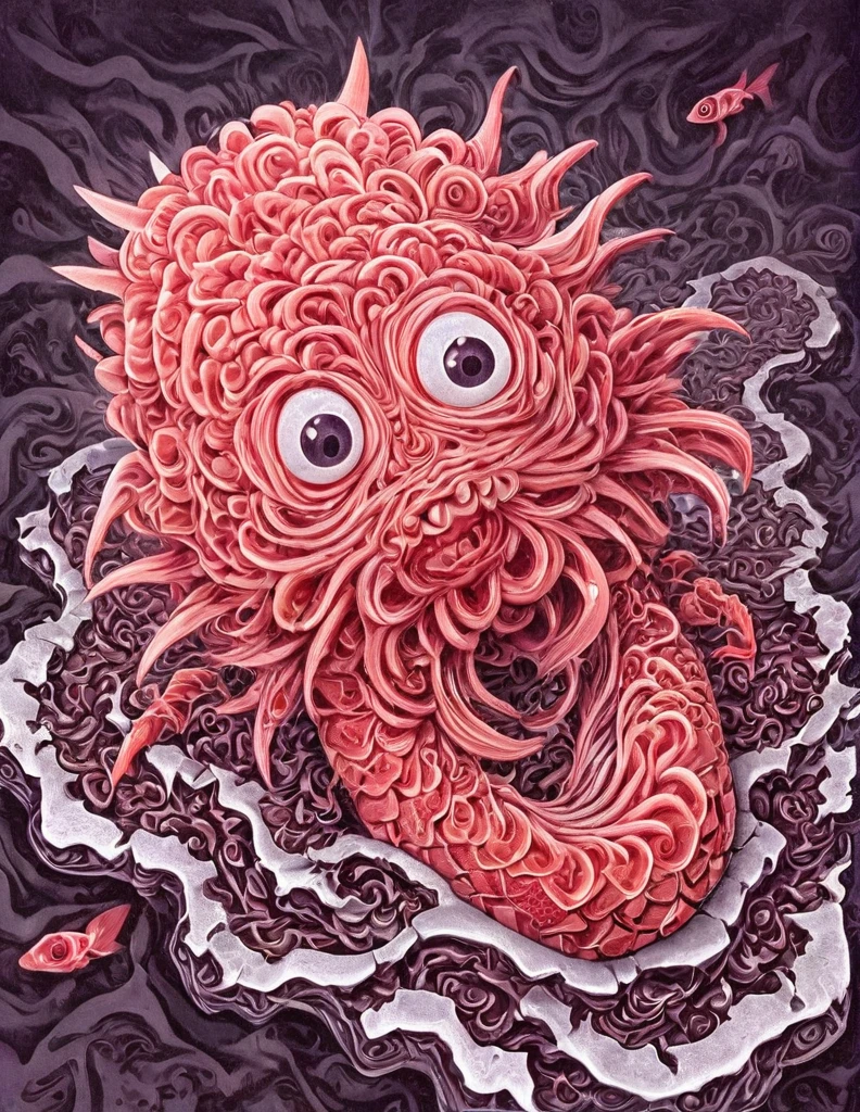 C(disturbing:1.15) entity amidst a labyrinth of Escher-like geometries. Its sinewy, (metallic parts:1.05) should interlace with the patterns, making it difficult to discern where the she (evil sushi:1.1) fish (roe face:1.25) creature ends and the background begins. The patterns should seem to pulsate with the creature's (unnatural:1.05) life.(Horror:1.15), (liquid melting and dripping brain:1.15),hot spicy sauce, painfull spicy, 1million scoville, painted with a chainsaw,hyperrealistic, photorealistic, Ancient one,(gigercraft:1.1), (c1bo:1.1),