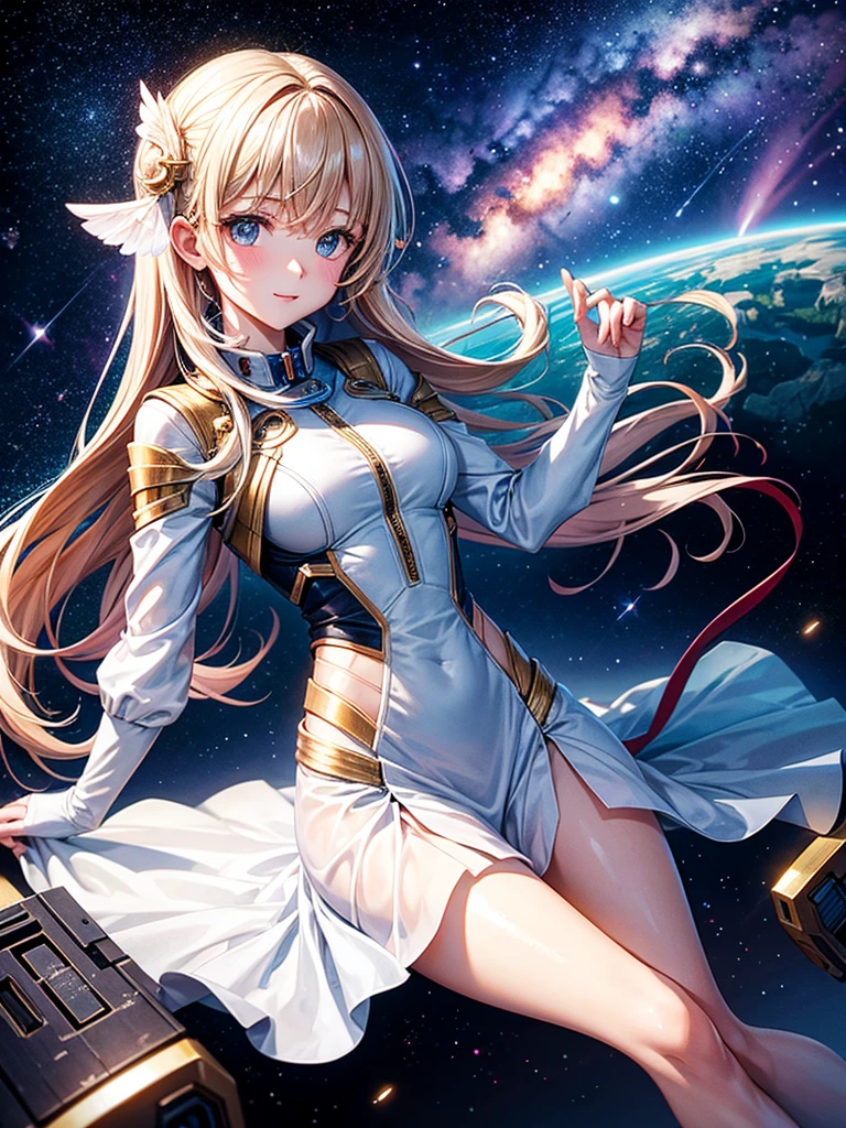 Highest quality,Highest Resolution,A beautiful girl from the future flying in space,Earth in the background,Milky Way,