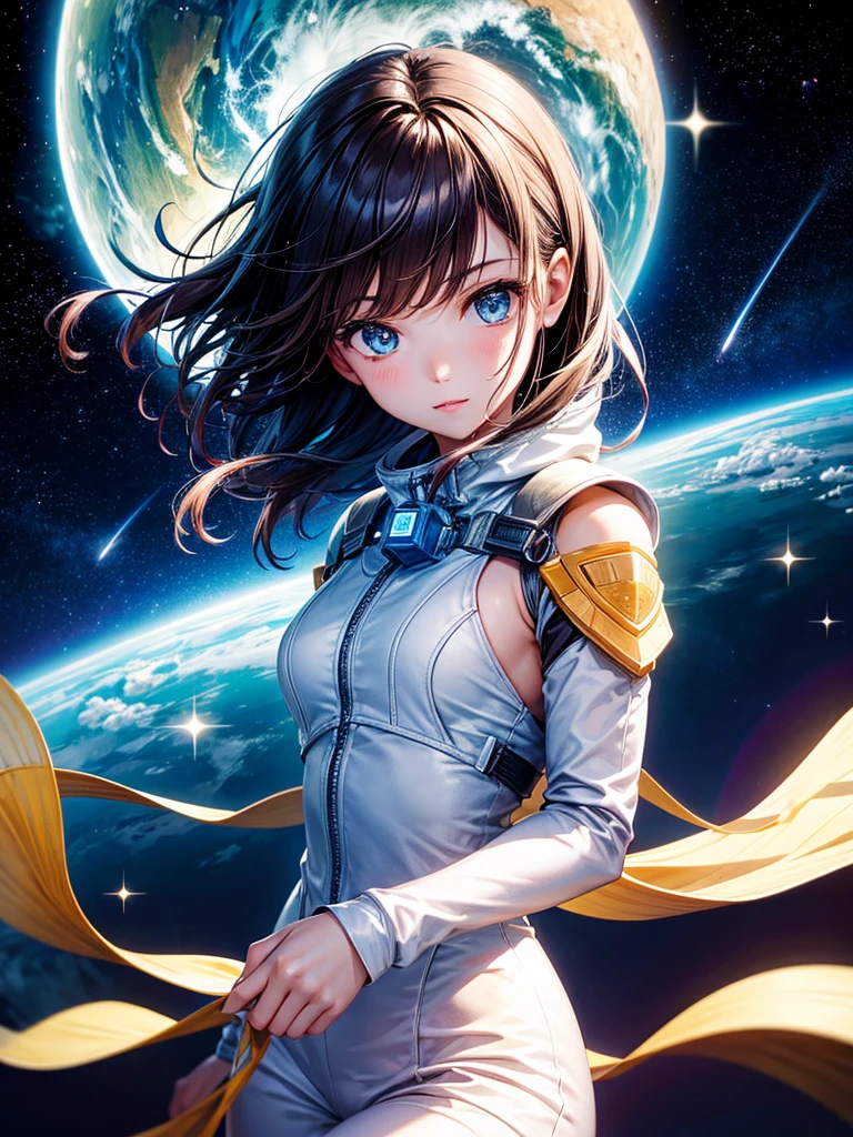 Highest quality,Highest Resolution,A beautiful girl from the future flying in space,Earth in the background,Milky Way,