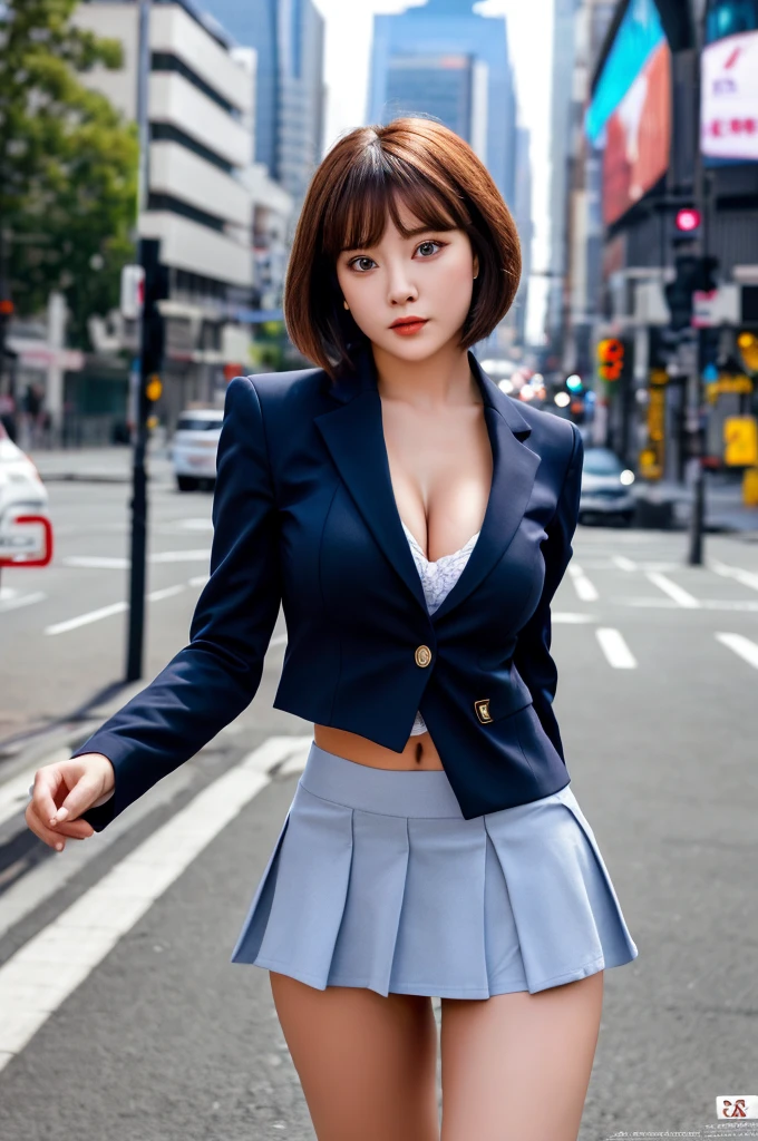 a 23 year old face of the most beautiful actress in the world, the perfect body proportions of a female, short hair cut above the ears for a female, blazer covering shirt is tight thanks to large breasts, panties between bare legs are seen just a little thanks to skirt is too short, bare thighs, the outfit is covering whole upper body, at the city street, standing, nsfw, best quality, highly detailed, masterpiece, ultra high res, photo realistic, 8k