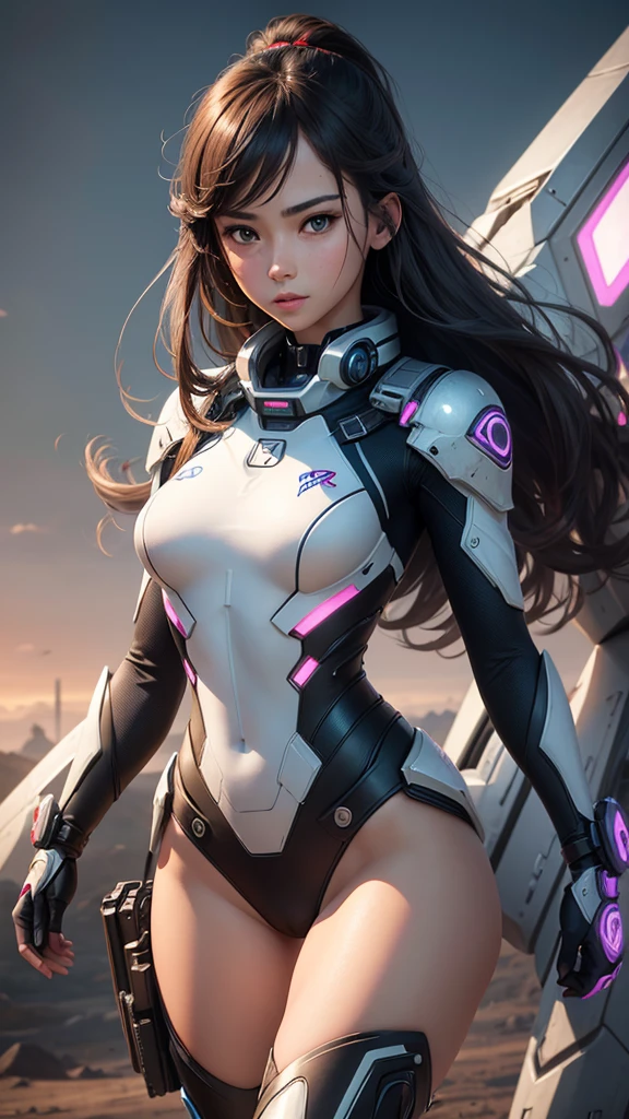 (Perfect Anatomy:1.4,Highest quality、超High resolution、High resolution、Highly detailed CG、8K Unit Wallpaper),((Biologically correct limb count))、(Symmetrical facial features))、Eyes with detailed description、Beautiful woman、Excellent style、(thin)、Facial detailing,masterpiece、Vibrant, Imaginary image of a girl in a mecha suit, ((Fly gracefully across the battlefield of the future)). The girl is full of energy, Bright colors contrast with muted hues, The mechanical beauty of the suit. The suit's vibrant colors and intricate details、Sophisticated, Mecha futuristic design.
