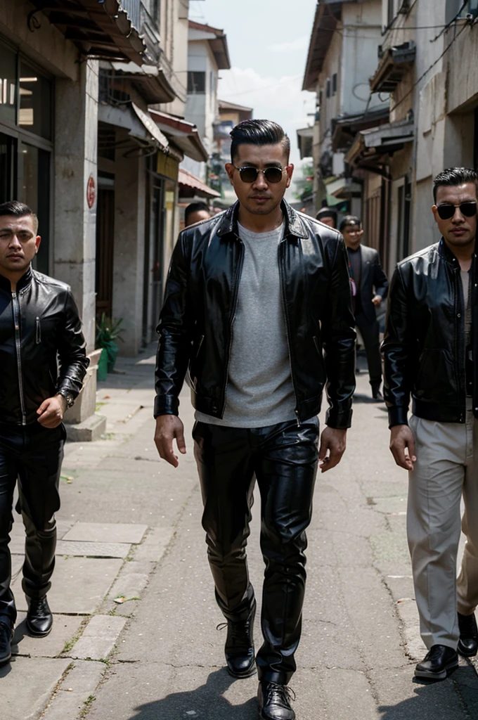 A handsome 35 year old Indonesian mafia boss is walking with his handsome 3 year old boy, wearing a shiny black leather jacket, Undercut hair is combed neatly, background of a group of mafia people, real photo, clear photo, professional photo, full HD, 4k