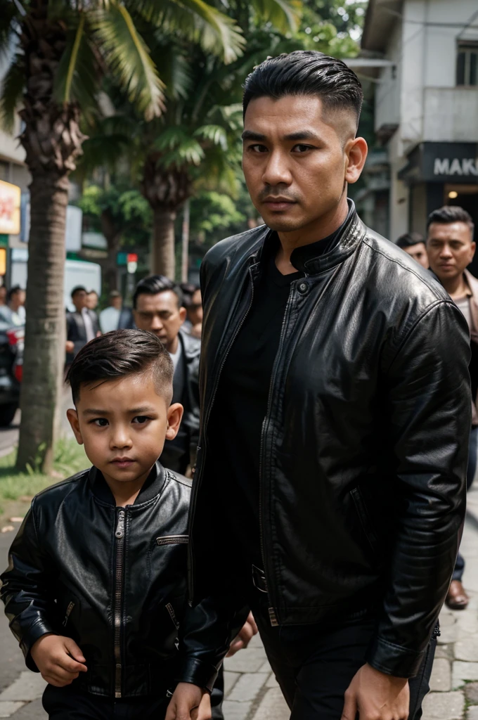 A handsome 35 year old Indonesian mafia boss is walking with his handsome 3 year old boy, wearing a shiny black leather jacket, Undercut hair is combed neatly, background of a group of mafia people, real photo, clear photo, professional photo, full HD, 4k