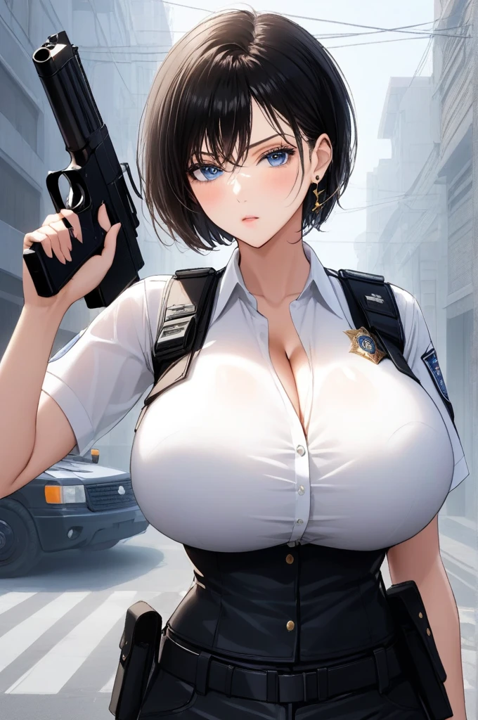 ((best quality, 8k, masterpiece: 1.3)), sharp: 1.2, Perfect body beauty: 1.4, Slim abdominal muscles: 1.2, ((short Hairstyle, Large Breasts: 1.2)), White Long Shirt: 1.1), (Bulletproof police car, street: 1.2), wet: 1.5, Highly detailed face and skin texture, Delicate eyes, Double eyelids, Look sideways at the camera, White police uniform, tall and big, Army insignia, bulletproof vest, Intercom, Female soldier aiming pistol at camera, Armed at all points, Black leather pants, Special Forces, big hoops earrings ,deep cleavage ,blue eyes,