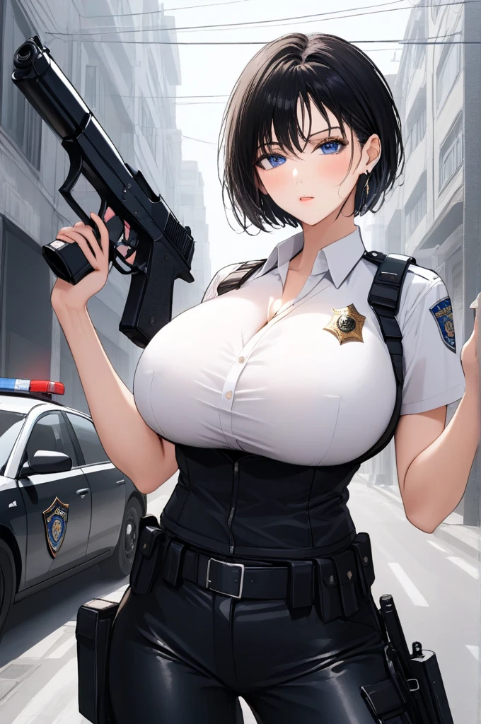 ((best quality, 8k, masterpiece: 1.3)), sharp: 1.2, Perfect body beauty: 1.4, Slim abdominal muscles: 1.2, ((short Hairstyle, Large Breasts: 1.2)), White Long Shirt: 1.1), (Bulletproof police car, street: 1.2), wet: 1.5, Highly detailed face and skin texture, Delicate eyes, Double eyelids, Look sideways at the camera, White police uniform, tall and big, Army insignia, bulletproof vest, Intercom, Female soldier aiming pistol at camera, Armed at all points, Black leather pants, Special Forces, big hoops earrings ,deep cleavage ,blue eyes,