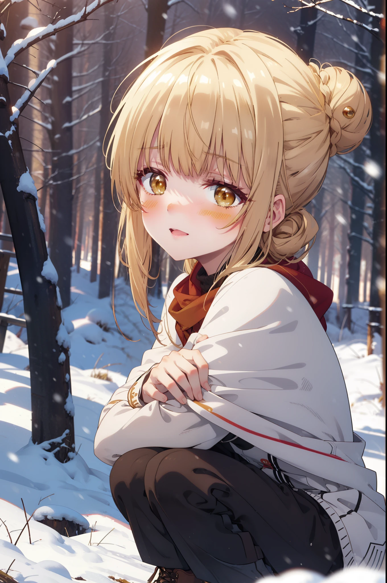 This is Mahirushiina, Mahiru Shiina, blonde, (Brown eyes:1.7), Long Hair, happy smile, smile, Open your mouth,Hair Bun, single Hair Bun,blush,White Breath,
Open your mouth,snow,Bonfire on the ground, Outdoor, boots, snowing, From the side, wood, suitcase, Cape, Blurred, Increase your meals, forest, White handbag, nature,  Squat, Mouth closed, フードed Cape, winter, Written boundary depth, Black shoes, red Cape break looking at viewer, Upper Body, whole body, break Outdoor, forest, nature, break (masterpiece:1.2), Highest quality, High resolution, unity 8k wallpaper, (shape:0.8), (Beautiful and beautiful eyes:1.6), Highly detailed face, Perfect lighting, Extremely detailed CG, (Perfect hands, Perfect Anatomy),