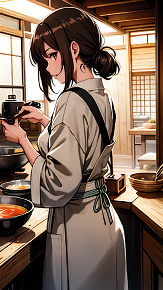 Woman making miso soup, wearing an apron, evening, chill, Japanese-style kitchen, back view, brown hair