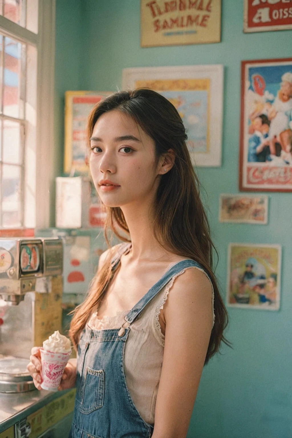 Portrait MagMix Girl look at camera, long hair, Overalls, Retro ice cream parlor with pastel-colored walls, a classic soda fountain counter, and vintage ice cream posters, bathed in warm sunlight, analog film photo, Kodachrome.