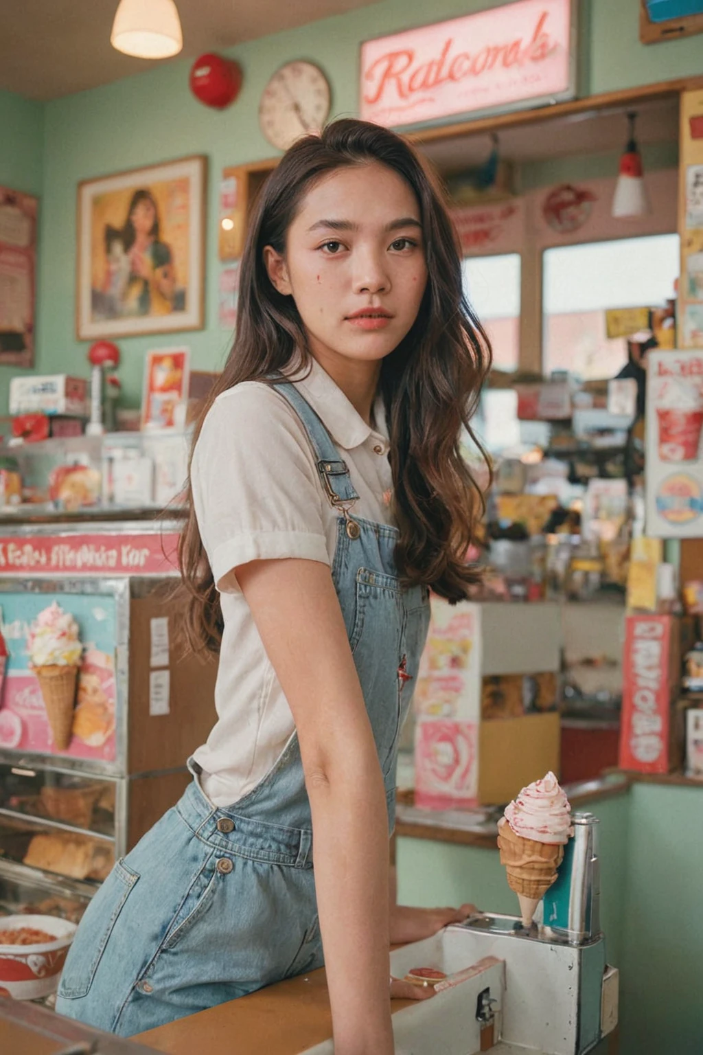 Portrait MagMix Girl look at camera, long hair, Overalls, Retro ice cream parlor with pastel-colored walls, a classic soda fountain counter, and vintage ice cream posters, bathed in warm sunlight, analog film photo, Kodachrome.