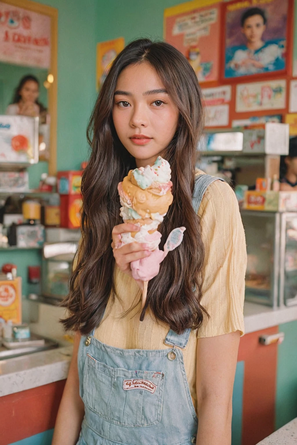 Portrait MagMix Girl look at camera, long hair, Overalls, Retro ice cream parlor with pastel-colored walls, a classic soda fountain counter, and vintage ice cream posters, bathed in warm sunlight, analog film photo, Kodachrome.