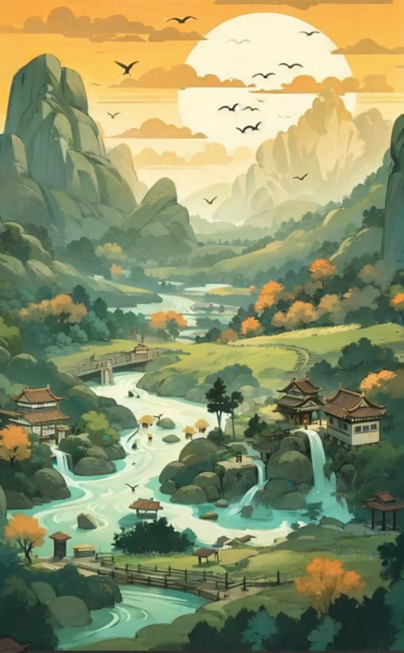 Quiet little village，Surrounded by green mountains and waters，Smoke from cooking，Ancient idyllic