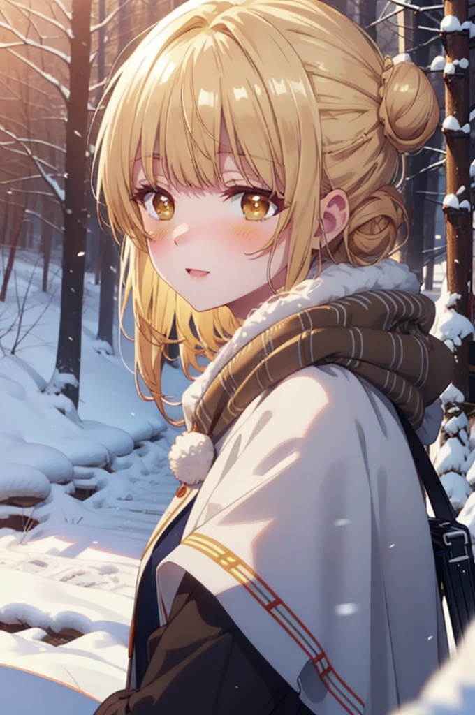 This is Mahirushiina, Mahiru Shiina, blonde, (Brown eyes:1.7), Long Hair, happy smile, smile, Open your mouth,Hair Bun, single Hair Bun,blush,White Breath,
Open your mouth,snow,Bonfire on the ground, Outdoor, boots, snowing, From the side, wood, suitcase, Cape, Blurred, Increase your meals, forest, White handbag, nature, Squat, Mouth closed, フードed Cape, winter, Written boundary depth, Black shoes, red Cape break looking at viewer, Upper Body, whole body, break Outdoor, forest, nature, break (masterpiece:1.2), Highest quality, High resolution, unity 8k wallpaper, (shape:0.8), (Beautiful and beautiful eyes:1.6), Highly detailed face, Perfect lighting, Extremely detailed CG, (Perfect hands, Perfect Anatomy),