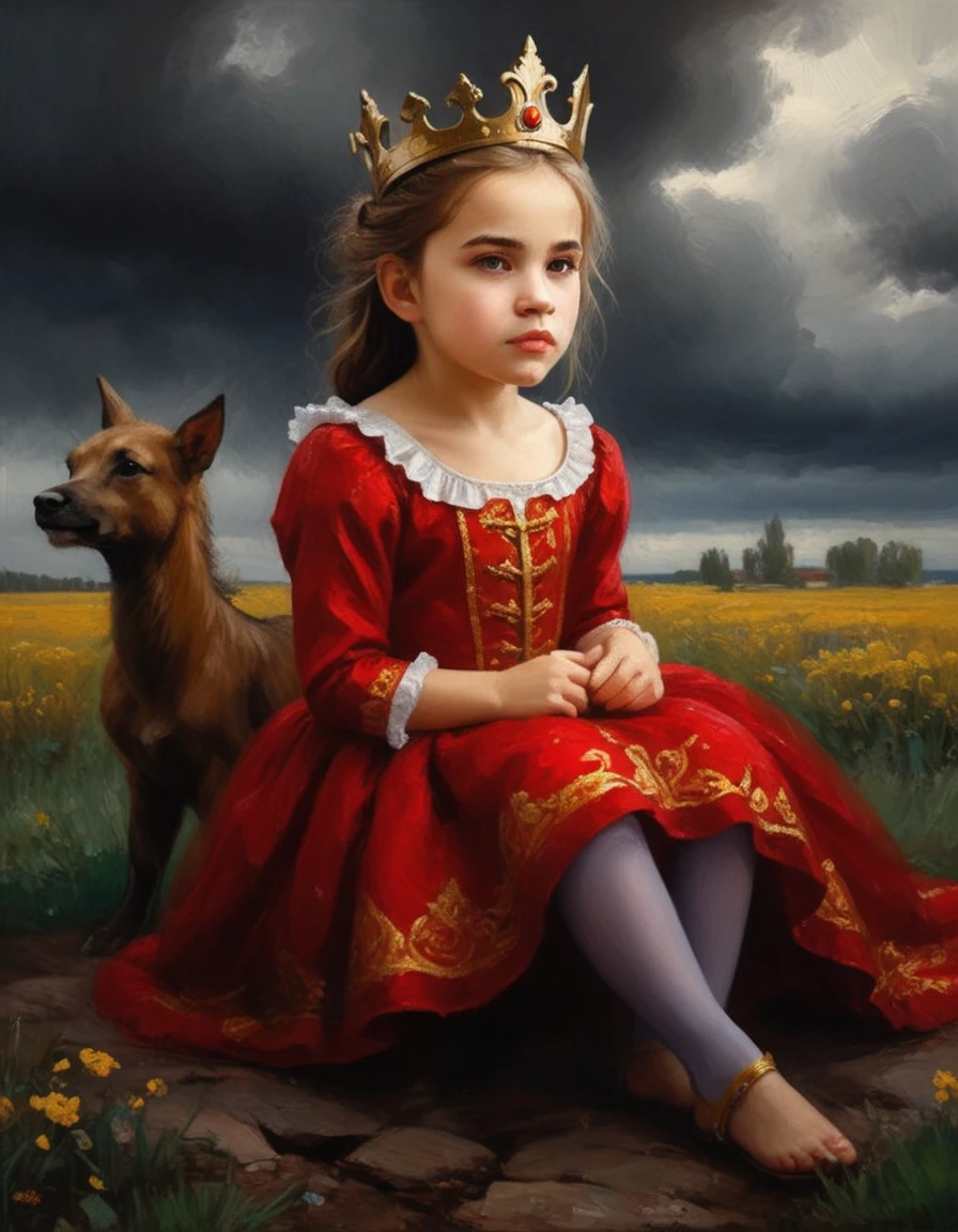 charming young cute girl-princess looks enthusiastically (sitting half-sideways on a gold tron) ((thron of power)), in a red shirt and tights with a tulle frill, Averts his eyes, dark clouds, 15 century,((стиль Адольфа Пиота!)), The dark Renaissance, (fog, very scuffing), ((palette/oil painting palette knife)), ((masterpiece)), single shot, impression:1.2, extreme detail, perspective:1.33, 8k