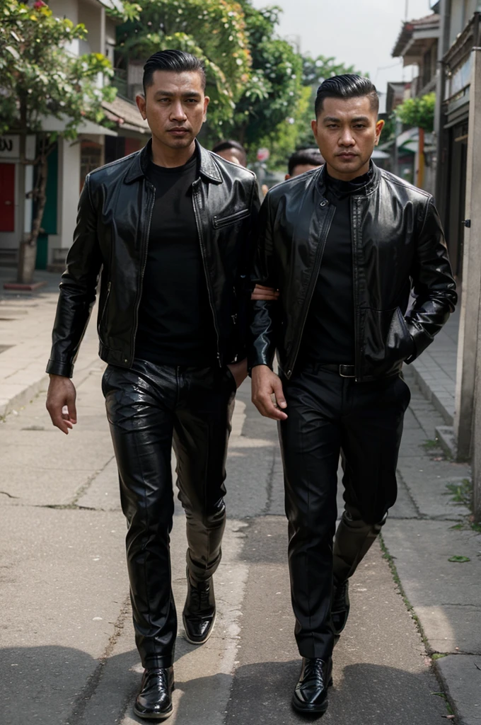 A handsome 35 year old Indonesian mafia boss is walking with his handsome 3 year old boy, wearing a shiny black leather jacket, Undercut hair is combed neatly, background of a group of mafia people, real photo, clear photo, professional photo, full HD, 4k