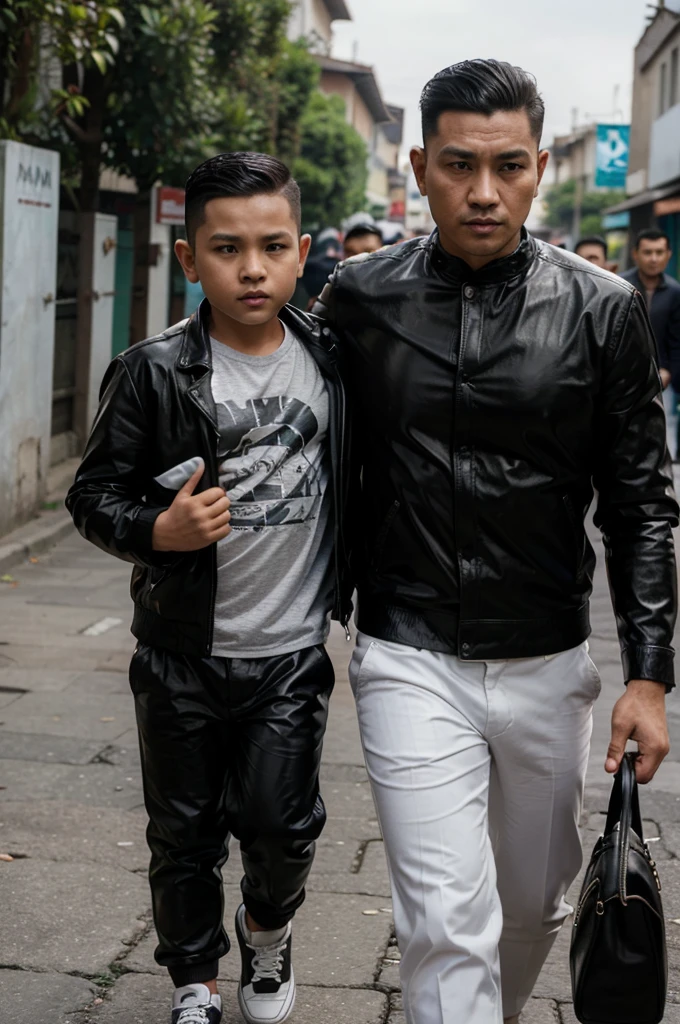 A handsome 35 year old Indonesian mafia boss is walking with his handsome 3  boy, wearing a shiny black leather jacket, Undercut hair is combed neatly, background of a group of mafia people, real photo, clear photo, professional photo, full HD, 4k 