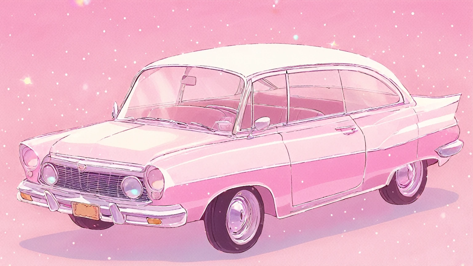 kawaii, pastel pink vintage car, glitter, no humans