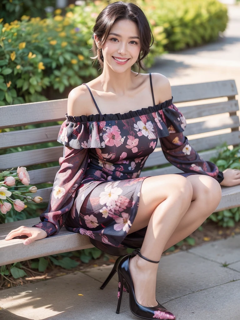 最high quality, 8K, Masseter area, Energetic, Clear focus, high quality, high resolution, Delicate face, Fine particles, thick lips, (Looking at the audience), Solitary, Beautiful woman, 38 years old, Plum, Black short hair, (Off-shoulder spaghetti strap floral dress:1.5), afternoon、In front of the park garden,(Sitting on a bench:1.5)、((Smile:1.5))、((Wearing black high heels))