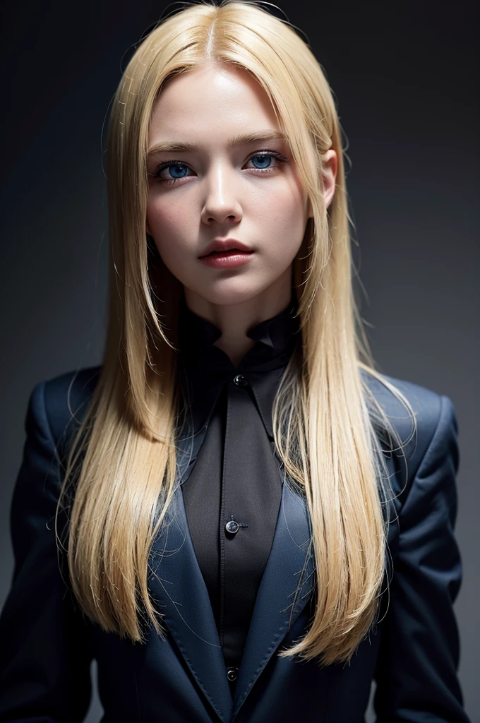 Best quality, masterpiece, ultra high res, (photorealistic:1.4), raw photo, 1girl, blonde hair, blue eyes,  detailed eyes and face, black suit, dynamic lighting, in the dark, deep shadow, low key, cowboy shot full-lenght body